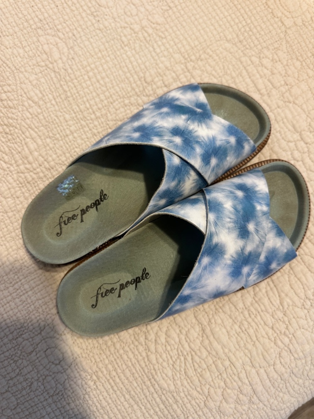 Free People Blue and White Tie-Dye Slide Sandals